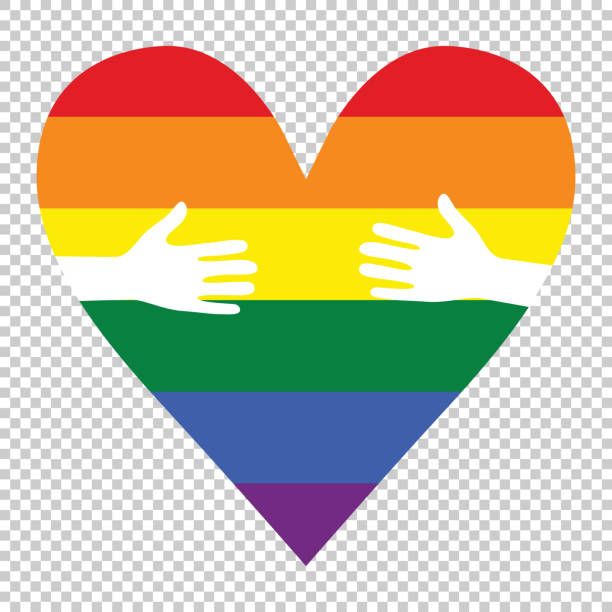 남자 손 심 혼을 상징 하는 게이 사랑 벡터를 형성 하는 무지개 깃발으로 꽃무늬 - heart shape gay pride gay pride flag lesbian stock illustrations