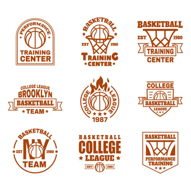 Set of isolated basketball icons with ball, basket Set of isolated basketball. Icons with basket and ball, ribbon and shield for training club or team badge design. New York college team emblem or sport. Branding and streetball theme riot shield illustrations stock illustrations