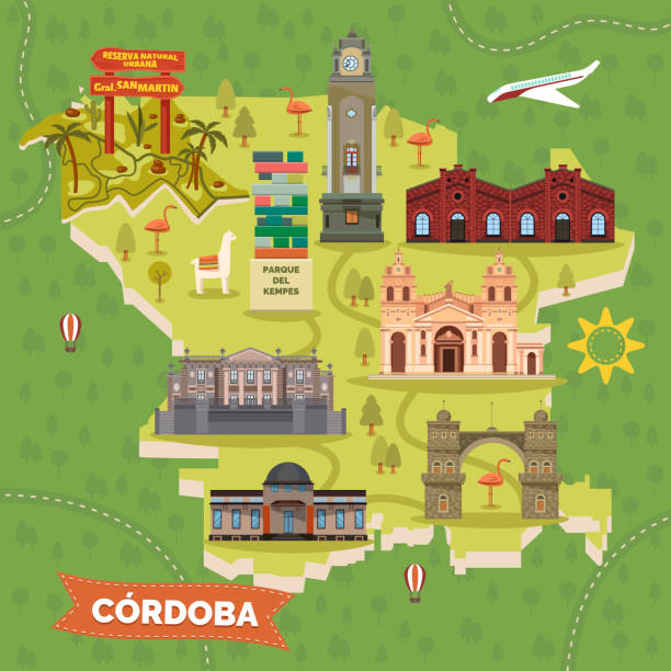 argentyna mapa cordoba z zabytków zwiedzania - latin america argentina south america city stock illustrations