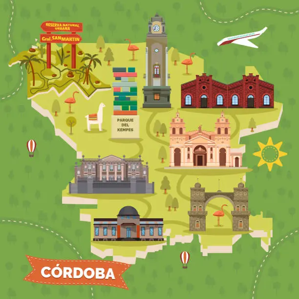 Vector illustration of Argentina Cordoba map with sightseeing landmarks