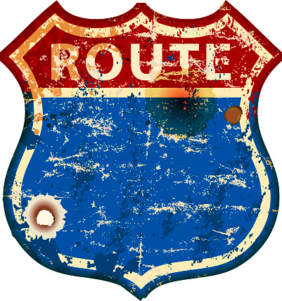 vintage battered blank route 66 road sign,retro grungy vector illustration.  Free copy space. Fictional artwork.