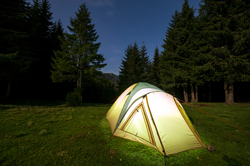 Tourist hikers tent brightly lit from inside on green grassy forest clearing among tall pine trees under dark blue starry sky on distant mountain background. Summer camping in mountains at night.