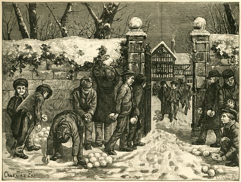 Mischievous Victorian boys wait outside the gates of a school in order to pelt their rivals with the snowballs they are busily making and collecting. From “The Juvenile Instructor: Vol XLII-Vol XII New Series” published by JC Watts in London, 1891.
