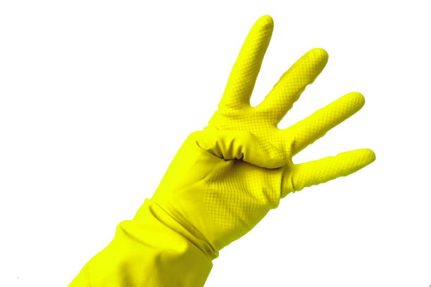 istock Hand in latex glove showing number four 1127527009