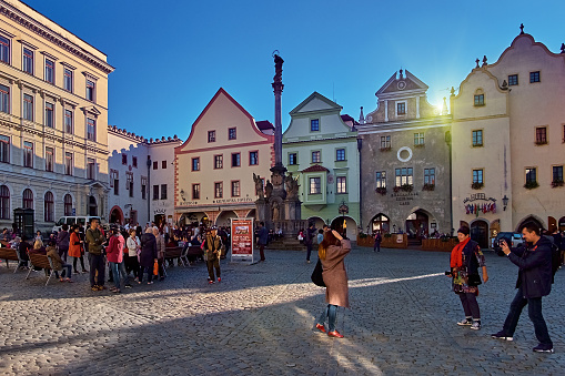 Chesky Krumlov, Czech Republic - July 22, 2018: Historic centre of Chesky Krumlov old town in the South Bohemian Region of the Czech Republic on Vltava River. UNESCO World Heritage Site.