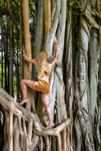 istock Wild woman climbing on trees 1127529420