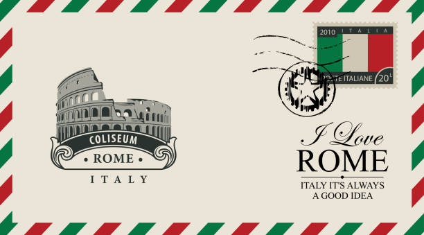 Vector envelope or postcard with Roman Coliseum Vector envelope or postcard in retro style with Roman Coliseum, postmark and postage stamp with Italian flag. The monument of architecture of Ancient Rome. Inscription I love Rome rome italy sign symbol stock illustrations