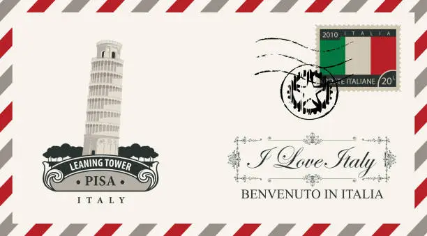 Vector illustration of Vector envelope or postcard with Pisa tower