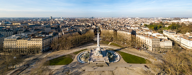 Aerial view Place des Quinconces, Bordeaux and the Garonne river, filmed by drone, France, Europe