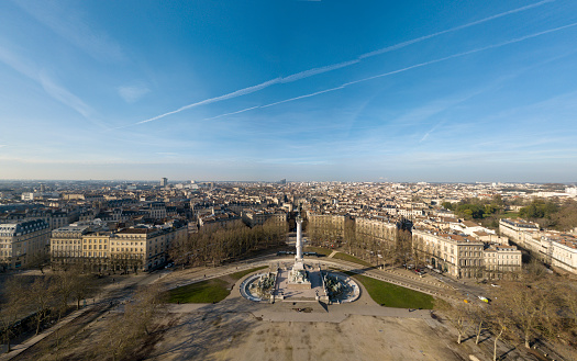 Aerial view Place des Quinconces, Bordeaux and the Garonne river, filmed by drone, France, Europe