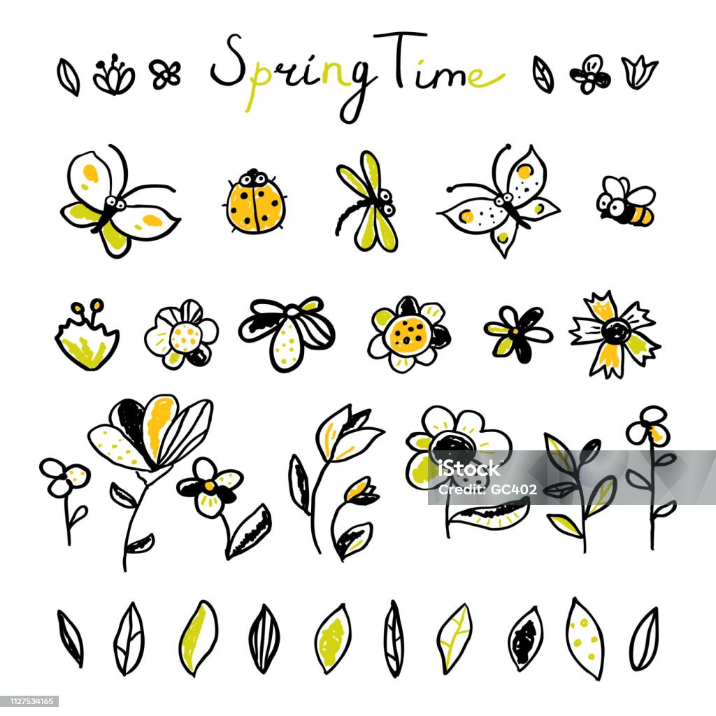 Set hand drawn floral, leaves and Insects elements Set hand drawn floral, leaves and Insects elements. Spring collection. Cute collection of design elements, isolated on white background. Doodle floral elements Flower stock vector