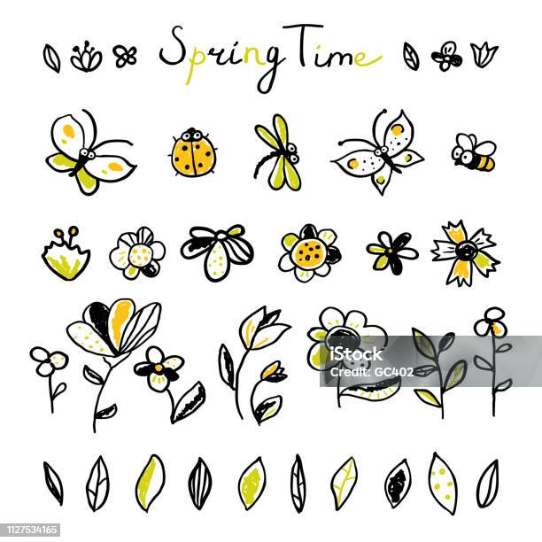 Set Hand Drawn Floral Leaves And Insects Elements Stock Illustration - Download Image Now - Flower, Drawing - Activity, Doodle