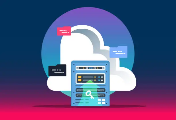 Vector illustration of Cloud computing technology. Data center with hosting server racks. Website banner of business cloud computing. Modern vector illustration for web design.