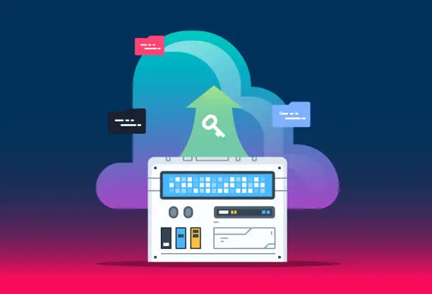 Vector illustration of Cloud computing technology. Data center with hosting server racks. Website banner of business cloud computing. Modern vector illustration for web design.