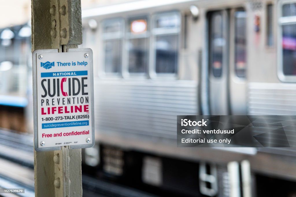 suicide prevention in the subway station Chicago, Illinois, USA : October 10, 2018 : World suicide prevention day - SUICIDE PREVENTION in the subway station. Mental health care concept. - Image Suicide Stock Photo