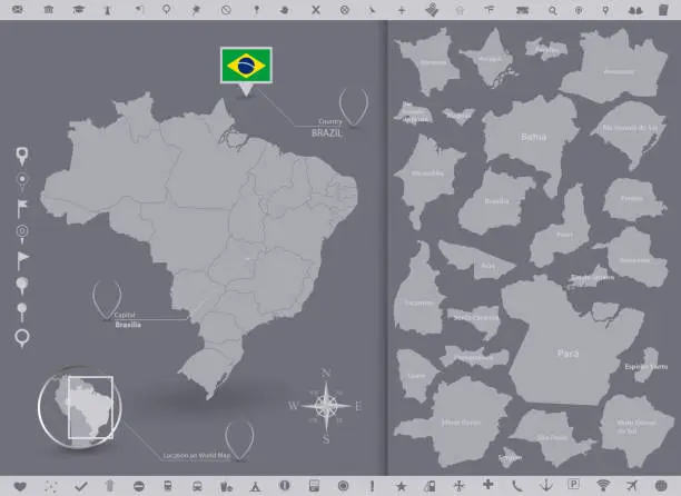 Vector illustration of Brazil map and flag with regions