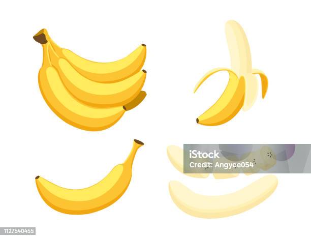 Vector Illustration Of Set Fresh Banana Isolated On White Background - Arte vetorial de stock e mais imagens de Banana - Fruto tropical