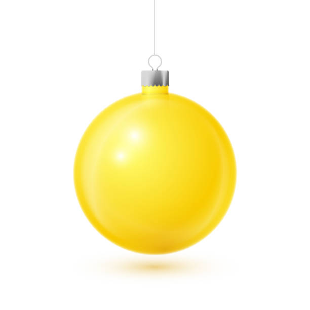 istock Realistic Yellow Christmas ball with silver ribbon, isolated on white background. Merry Christmas greeting card. Vector illustration 1127540648