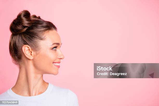 Closeup Profile Side View Of Nice Lovely Cute Fascinating Attractive Groomed Cheerful Cheery Girl Looking Aside Copy Empty Blank Space Place Isolated Over Pink Pastel Background Stock Photo - Download Image Now