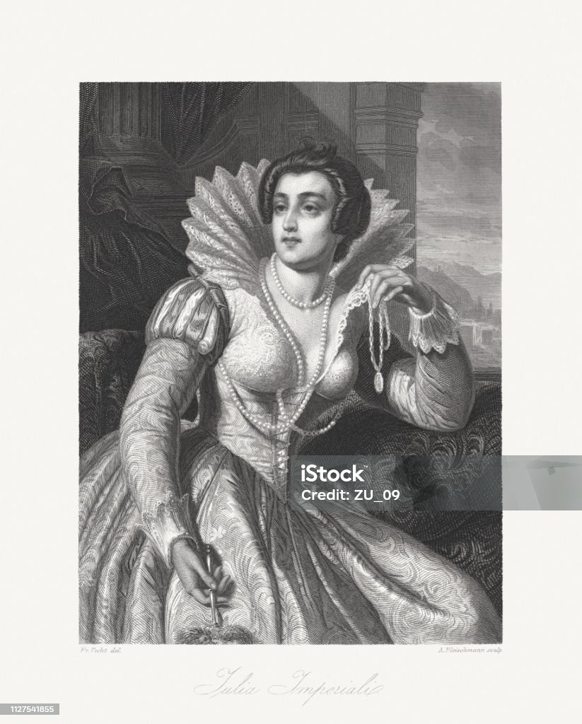 Julia Imperiali, fictional character (from Fiesco) by Friedrich Schiller, published 1859 Countess Julia Imperiali - fictional character from "Die Verschwörung des Fiesco zu Genua (Fiesco's Conspiracy at Genoa)" - the second drama by the German playwright Friedrich Schiller. It is a republican tragedy based on the historical conspiracy of Giovanni Luigi Fieschi against Andrea Doria in Genoa in 1547. The piece was premiered in Bonn in 1783 at the Hoftheater. Steel engraving after a drawing by Friedrich Pecht (German lithographer, author and painter, 1814 - 1903), published in 1859. Renaissance stock illustration