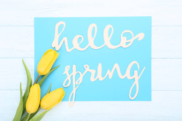 istock Bouquet of yellow tulips with text Hello Spring on wooden table 1127541979
