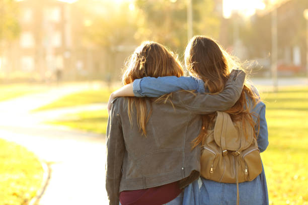 Affectionate friends walking at sunset in a park Affectionate friends walking at sunset in a park two people embracing stock pictures, royalty-free photos & images