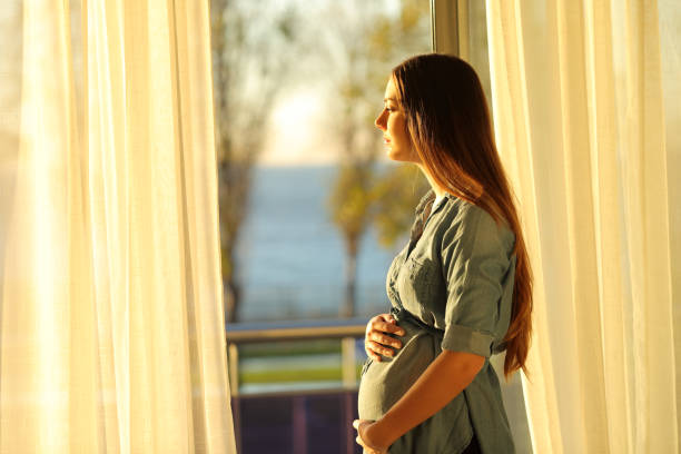mulher grávida olhando por uma janela ao pôr do sol - human pregnancy pensive women thinking - fotografias e filmes do acervo
