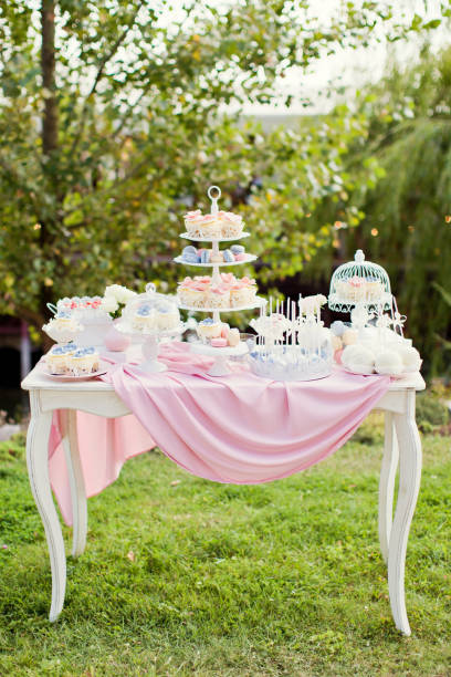 istock Candy bar with blue, pink and white cupcakes, macaroons and cake pops 1127544008