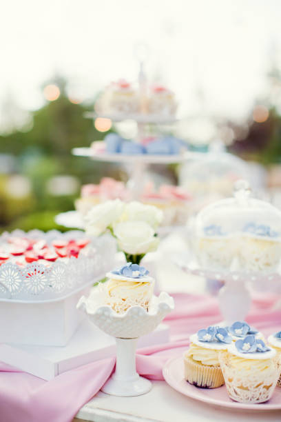 istock Candy bar with blue, pink and white cupcakes, macaroons and cake pops 1127544127