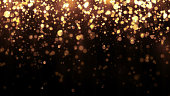 Background with golden glitter falling particles. Beautiful holiday background template for premium design. Falling gold particle with magic light