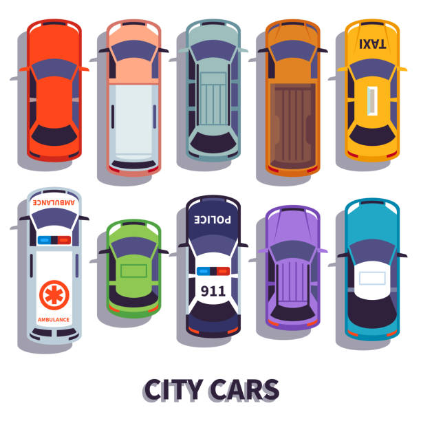 widok z góry na samochód. miejski transport pojazdów. samochody samochodowe do transportu, z góry auto samochód wektor izolowane ikony - portage stock illustrations