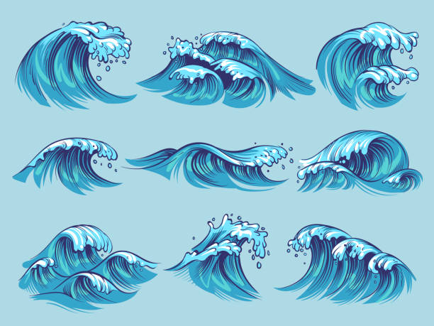 handgezeichnete wellen des ozeans. skizze meer gezeiten blauen wellen gezeiten handgezeichnete surfen sturm wellig spritzwasser doodle vintage-set - waves crashing stock-grafiken, -clipart, -cartoons und -symbole