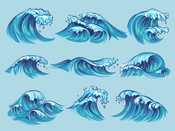 ilustraciones, imágenes clip art, dibujos animados e iconos de stock de mano dibuja las olas del océano. dibujo mar olas azul marea marea dibujado a mano surf tormenta ondulado salpicaduras doodle conjunto vintage - surfing beach surf wave