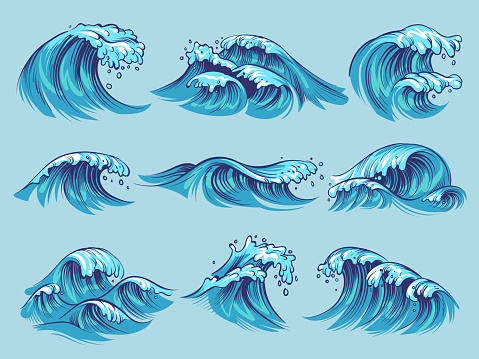 Hand drawn ocean waves. Sketch sea tidal blue waves tide splash hand drawn surfing storm wavy water doodle vector isolated vintage set