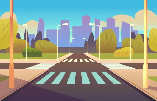 Vector illustration of Cartoon crosswalks. Street road crossing highway traffic urban landscape building, crosswalk car, empty sidewalk