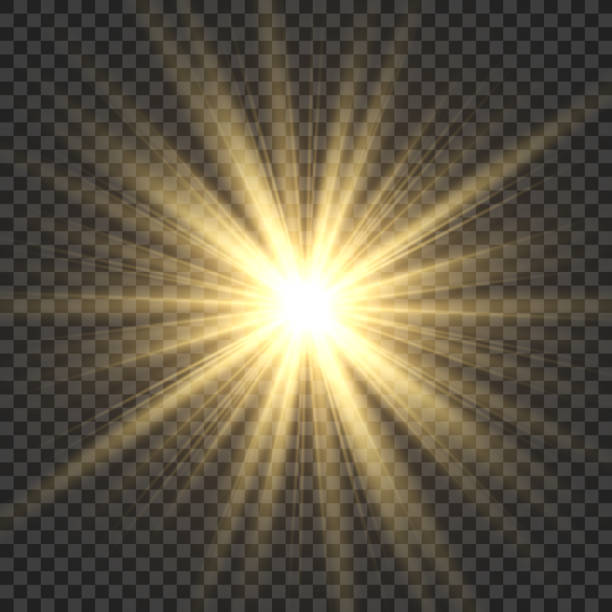 ilustraciones, imágenes clip art, dibujos animados e iconos de stock de rayos de sol realista. sol amarillo ray resplandor abstracto brillo efecto luminoso starburst sbeam sol brillante aislado imagen - lens flare