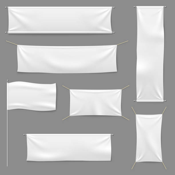 ilustrações, clipart, desenhos animados e ícones de bandeiras brancas têxtil. bandeira da tela em branco de lona venda fita horizontal modelo publicidade pano vector bandeira conjunto - sheet