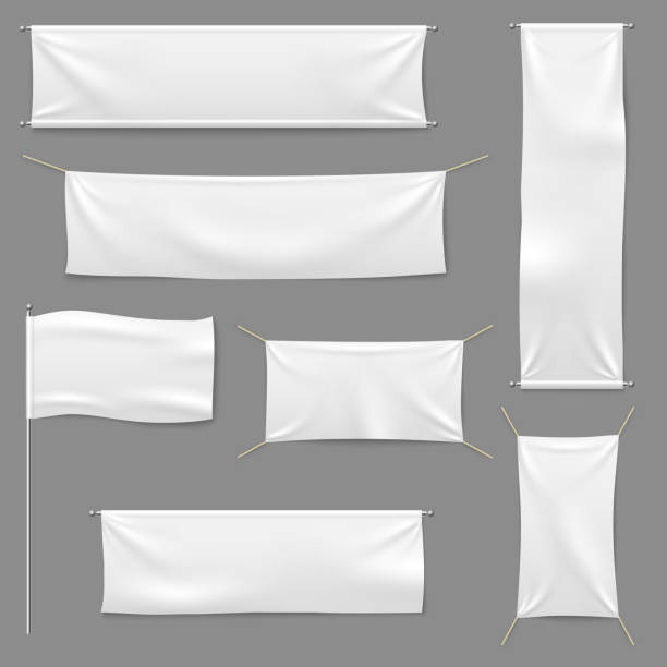 White textile banners. Blank fabric flag hanging canvas sale ribbon horizontal template advertising cloth vector banner set White textile banners. Blank fabric flag hanging canvas sale ribbon horizontal White textile banntemplate advertising cloth vector banner set blank flag stock illustrations