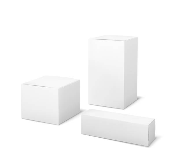 białe pudełka. puste opakowanie pudełko medyczne i kosmetyczne 3d produkty papierowe kartony izolowane makiety wektorowej - box white cube blank stock illustrations