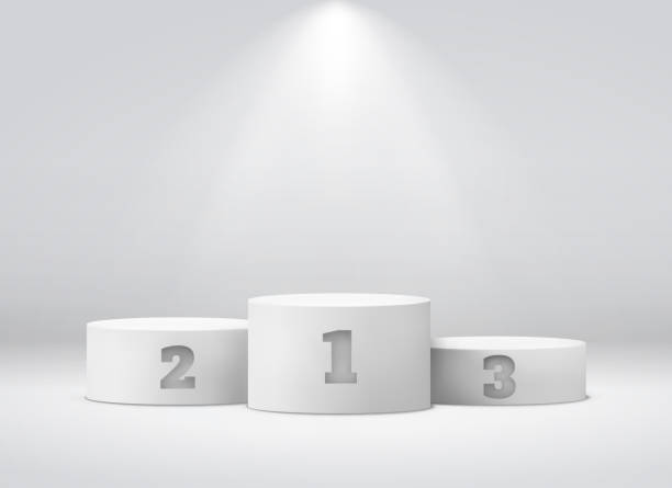 Podium sports awards. Winners celebrate rewards competition triumph winning round pedestal empty spotlight stadium Podium sports awards. Winners celebrate rewards competition triumph winning round pedestal empty spotlight stadium vector illustration podium stock illustrations