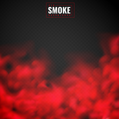 Red smoke. Mist red powder clouds smoking spooky dusty fog condensation transparent smog texture isolated on black vector background