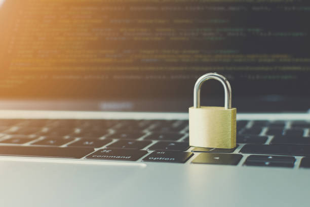 保護ネットワーク セキュリティ コンピューターと安全なデータ概念。ノート パソコンを動作は、キーボードのキーにコーディング プログラムを開発します。 - password log on security security system ストックフォトと画像