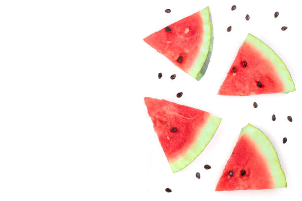 slices of watermelon isolated on white background with copy space for your text. Top view. Flat lay pattern.