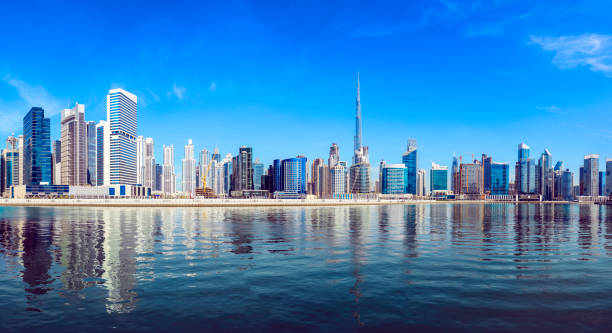 Panoramic View of the Downtown Dubai City Skyline and Business Park, United Arab Emirates. stock photo