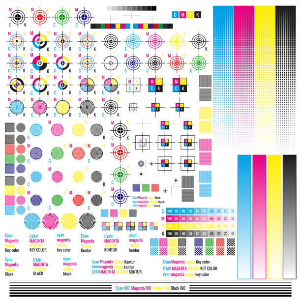 ilustraciones, imágenes clip art, dibujos animados e iconos de stock de elementos de gestión de color cmyk. utilidades de símbolo gráfico editorial. prensa marca. calibración, marcas de corte. eps 10 - cmyk