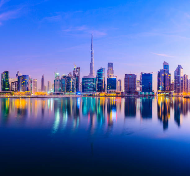 Downtown Dubai City Skyline and Business Park at Sunset, United Arab Emirates. stock photo