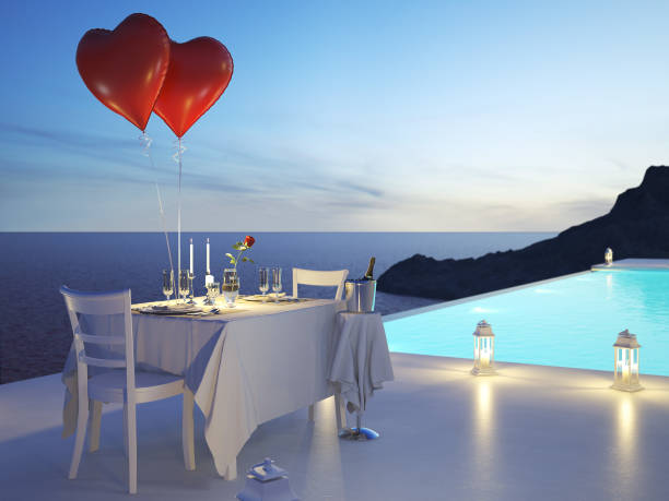 pool villa with glasses and bottle of champagne. 3d rendering