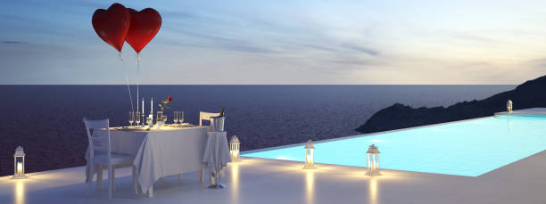 rendering 3d della villa in piscina con champagne. san valentino - santorini greece villa beach foto e immagini stock