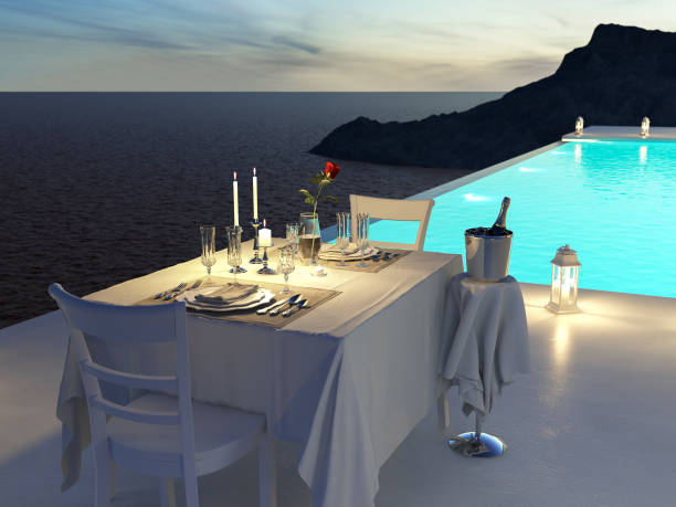 pool villa with glasses and bottle of champagne. 3d rendering