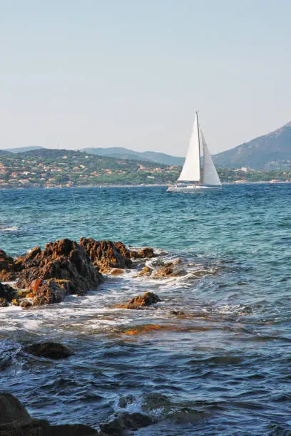 A boat sails view from the coast of Sant-Tropez, on the Côte d'Azur